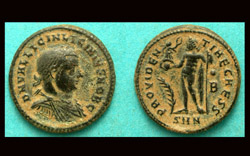 Licinius II, Jupiter Victory on Globe with B Reverse